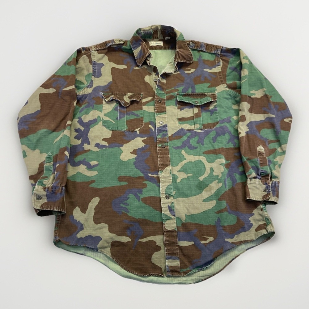 LL Bean Shirt Mens L Woodland Camo Ripstop Button Up Shacket Vintage 90s